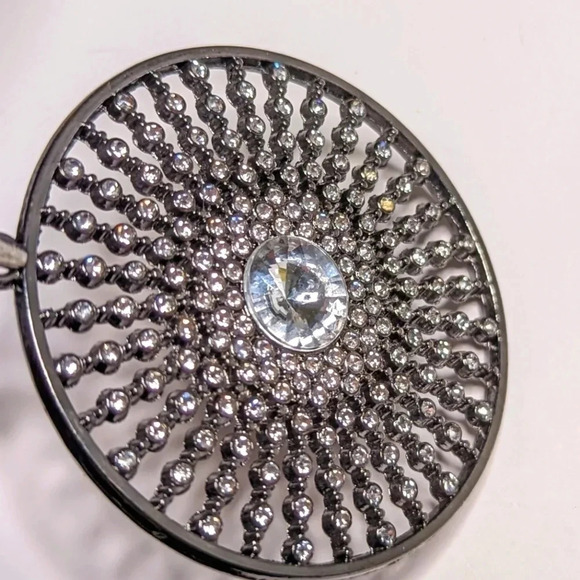 Statement Necklace- Rhinestone-Long Chain-Handmade-Silver tone-Starburst Pendant - Picture 4 of 13